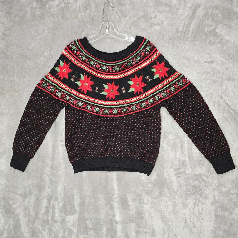Holiday Time Sweater Womens M Black Poinsettia Fair Isle Birds Eye Holiday X-Mas